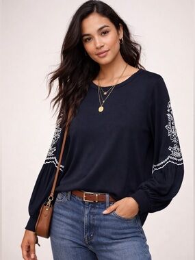 LOFT Black Embroidered Sleeve Blouse Size L Boho Peasant Top Long Sleeve